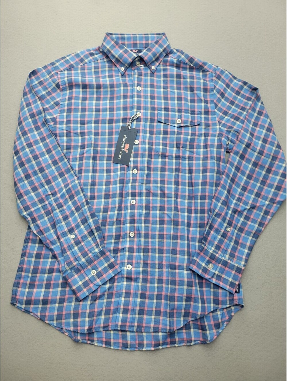 Vineyard Vines Mens Button-Up Medium Blue Long Sleeve Plaid Cotton Blend Crosby